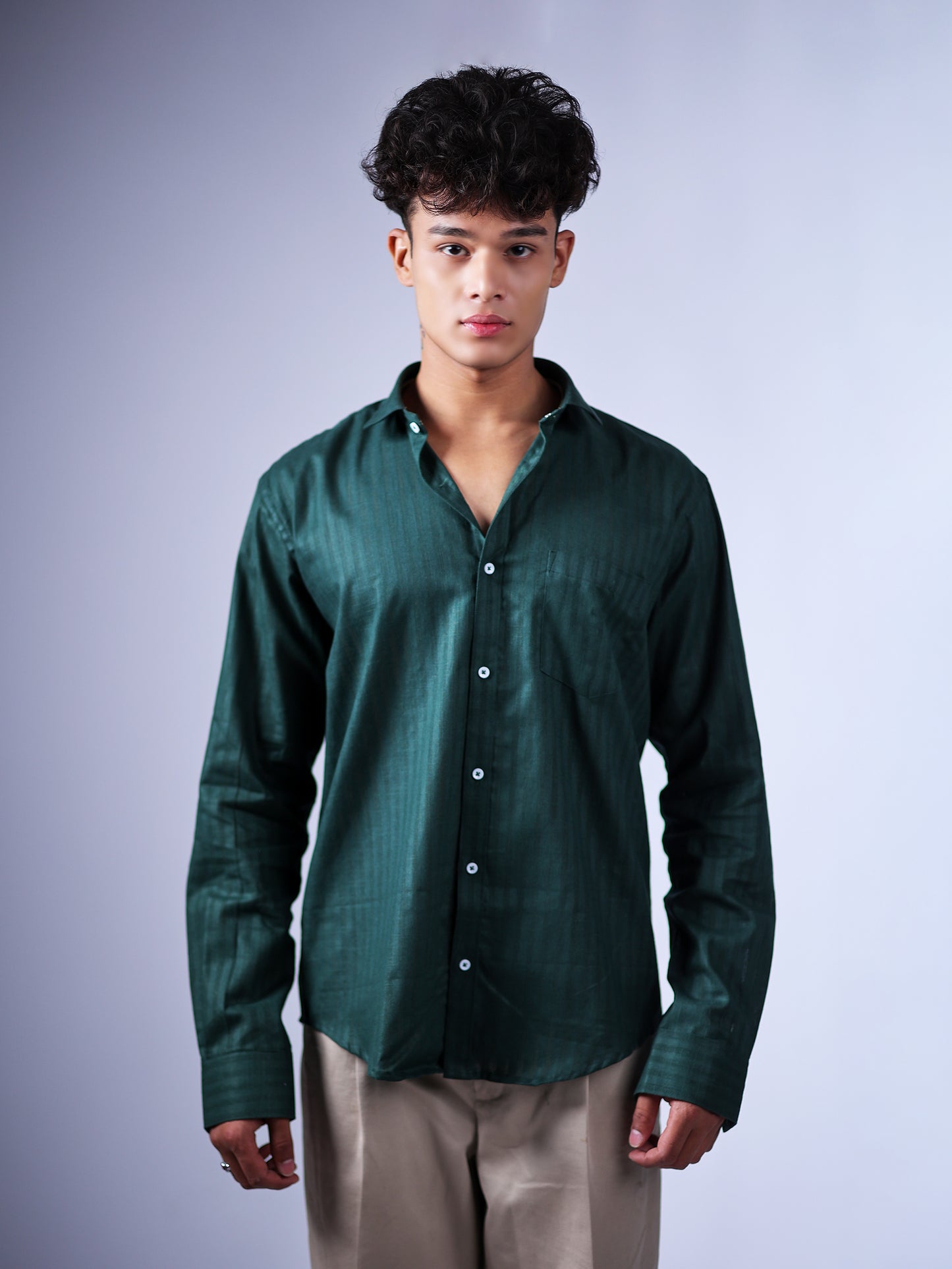 Dark Green Stripes Linen Shirt