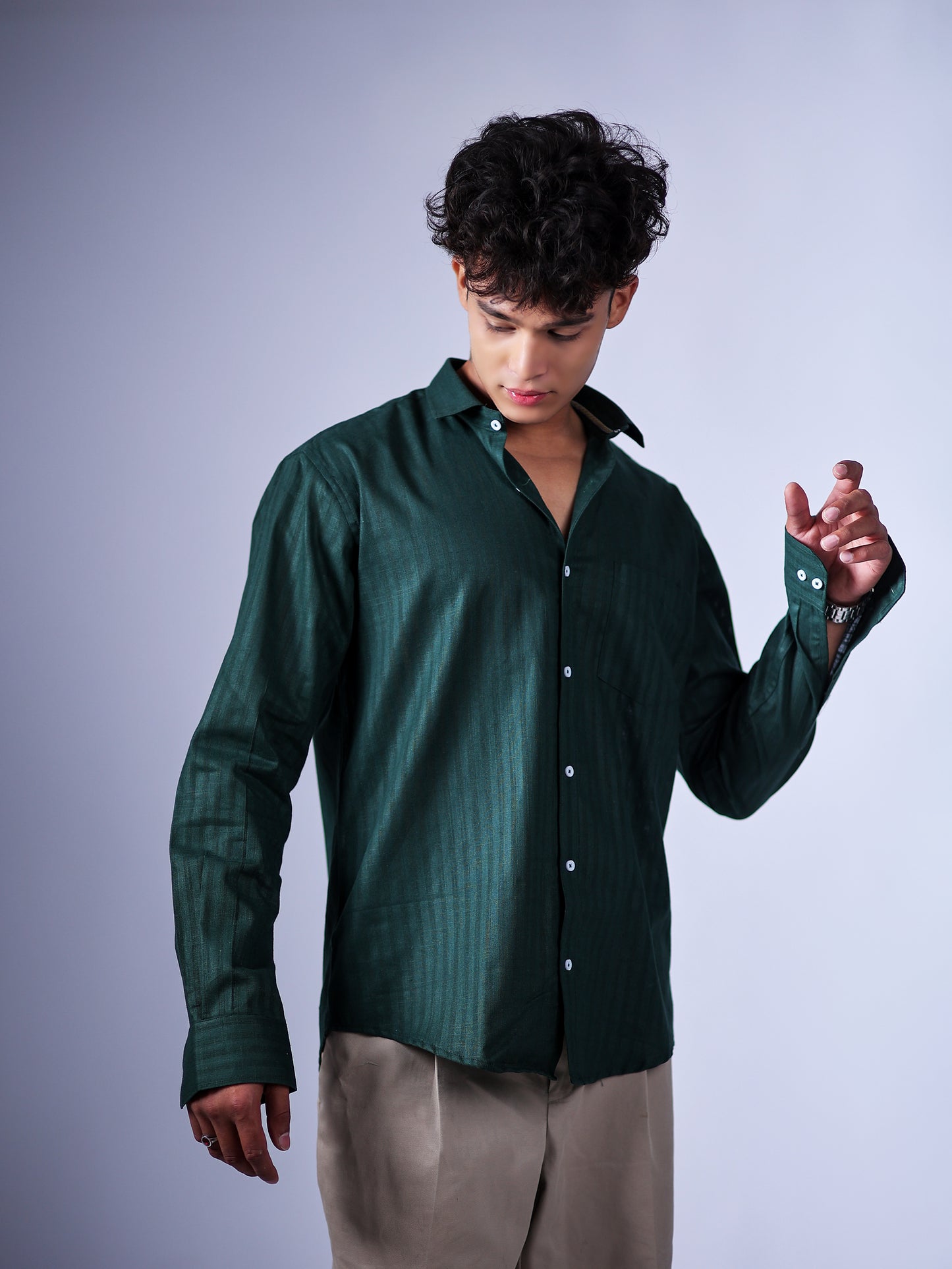 Dark Green Stripes Linen Shirt