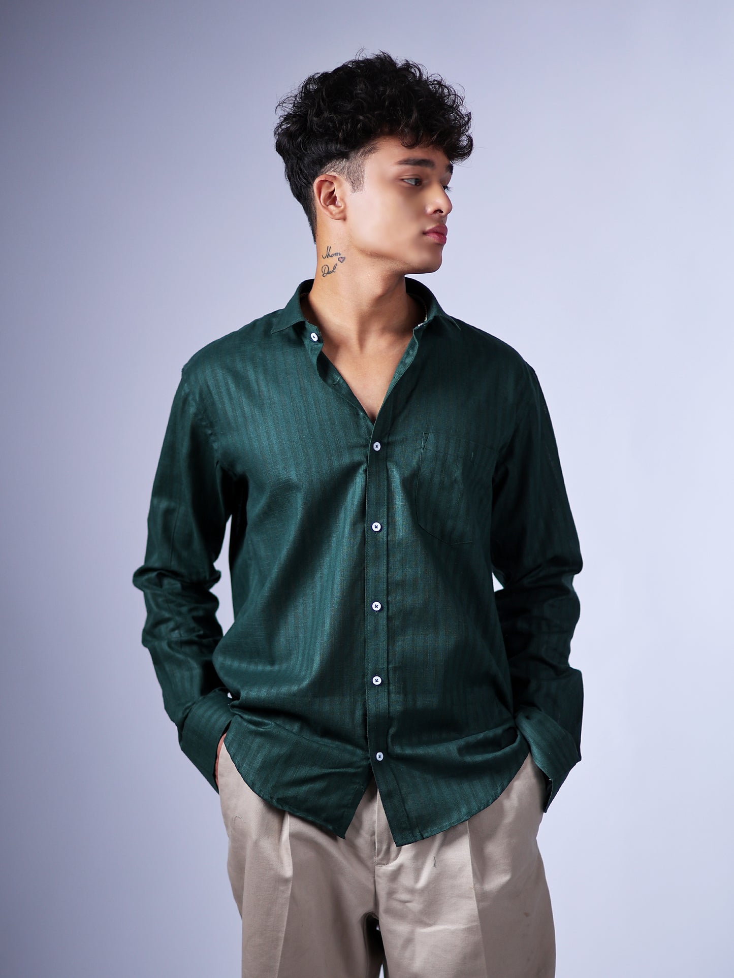 Dark Green Stripes Linen Shirt