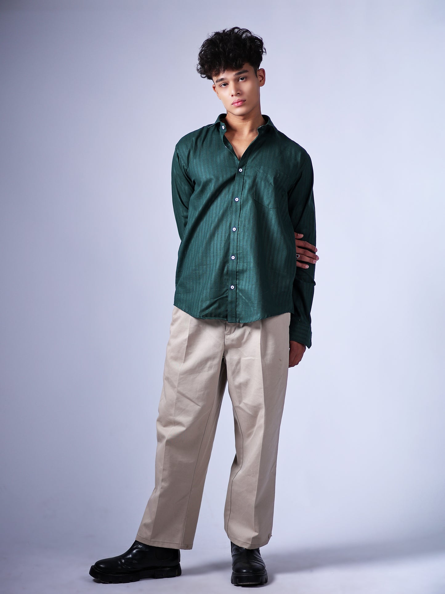 Dark Green Stripes Linen Shirt