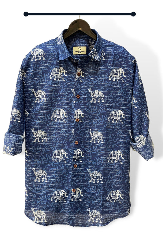 Dark Blue Elephant Kantha Shirt